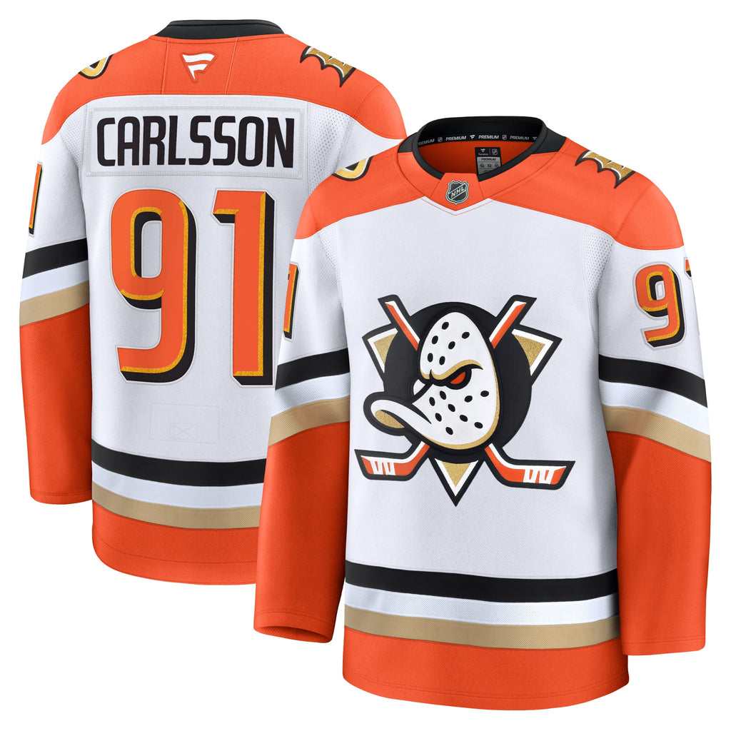 Anaheim Ducks Fanatics Away Premium Jersey - White - Leo Carlsson - Mens