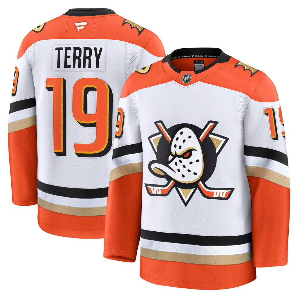 Anaheim Ducks Fanatics Away Premium Jersey - White - Troy Terry - Mens