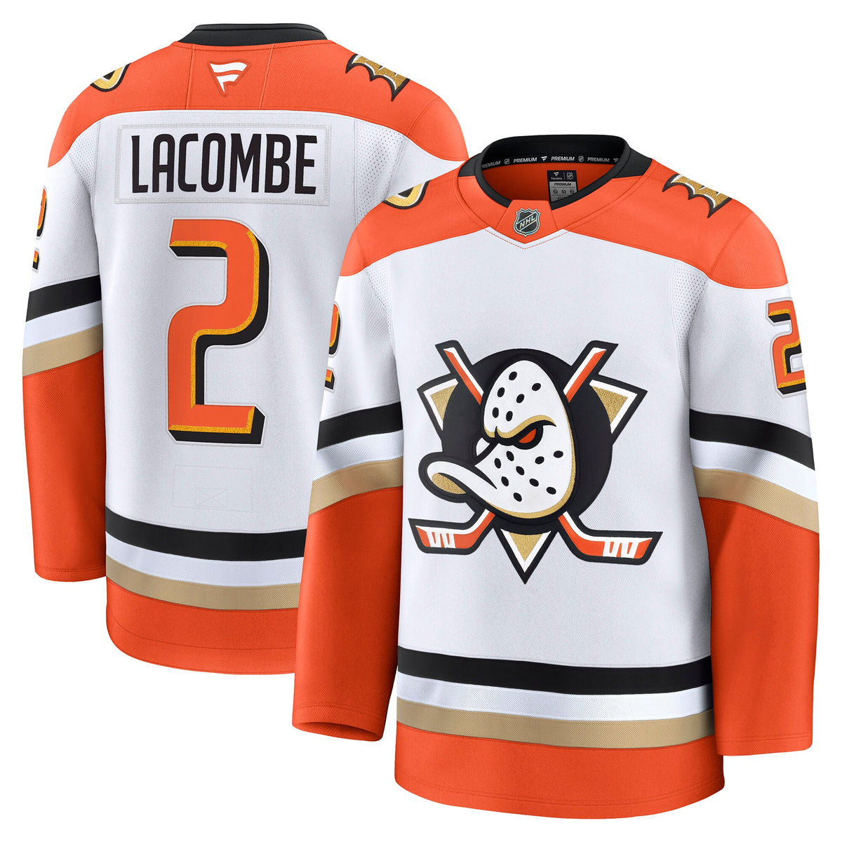 Anaheim Ducks Fanatics Away Premium Jersey - White - Jackson LaCombe - Mens