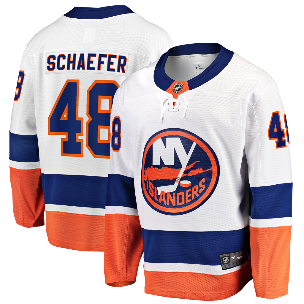 New York Islanders Fanatics Away Breakaway Jersey - White - Matthew Schaefer - Mens
