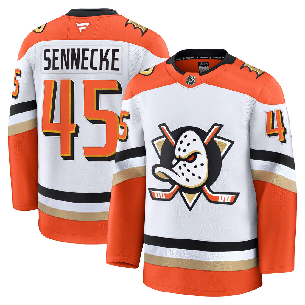 Anaheim Ducks Fanatics Away Premium Jersey - White - Beckett Sennecke - Mens