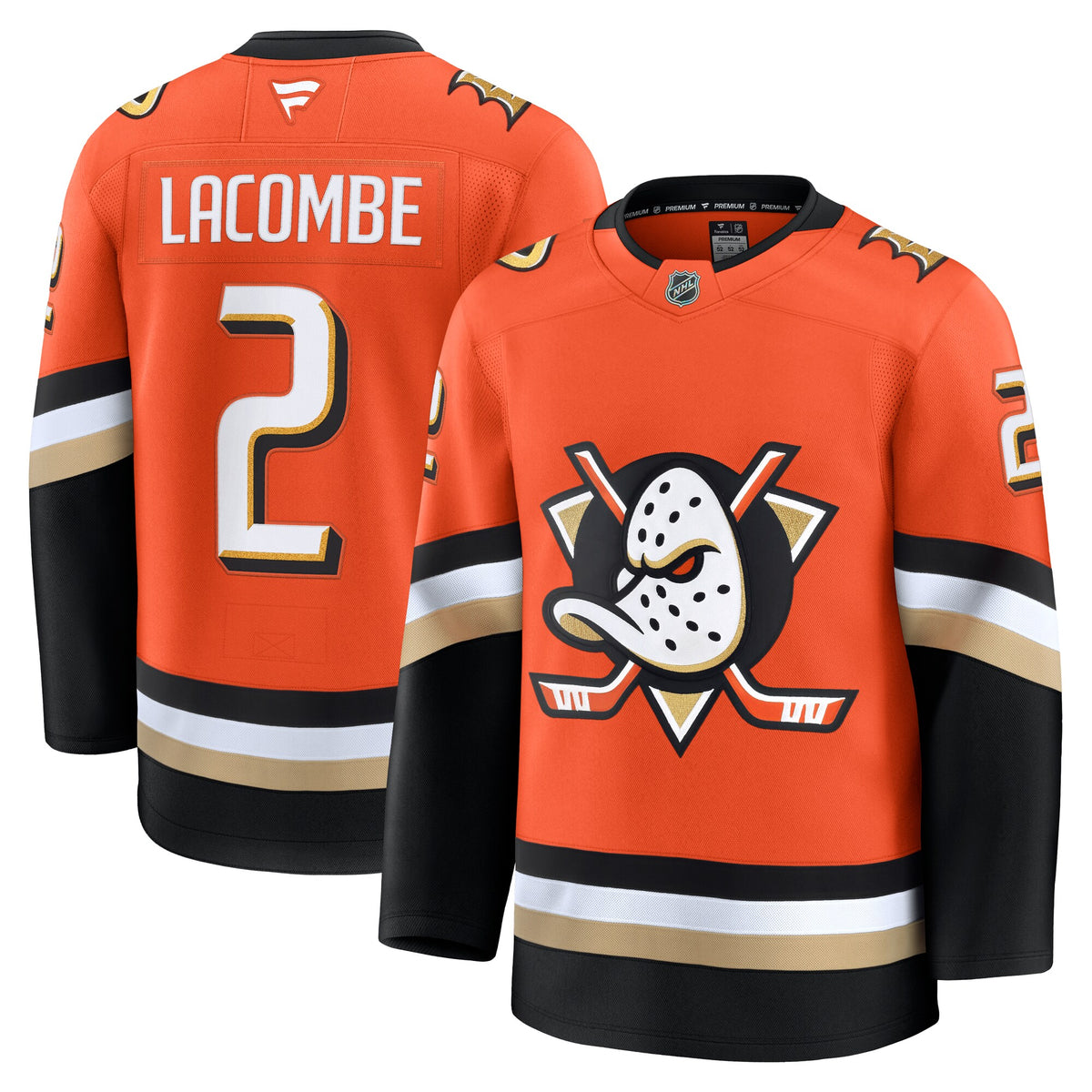 Anaheim Ducks Fanatics Home Premium Jersey - Orange - Jackson LaCombe - Mens
